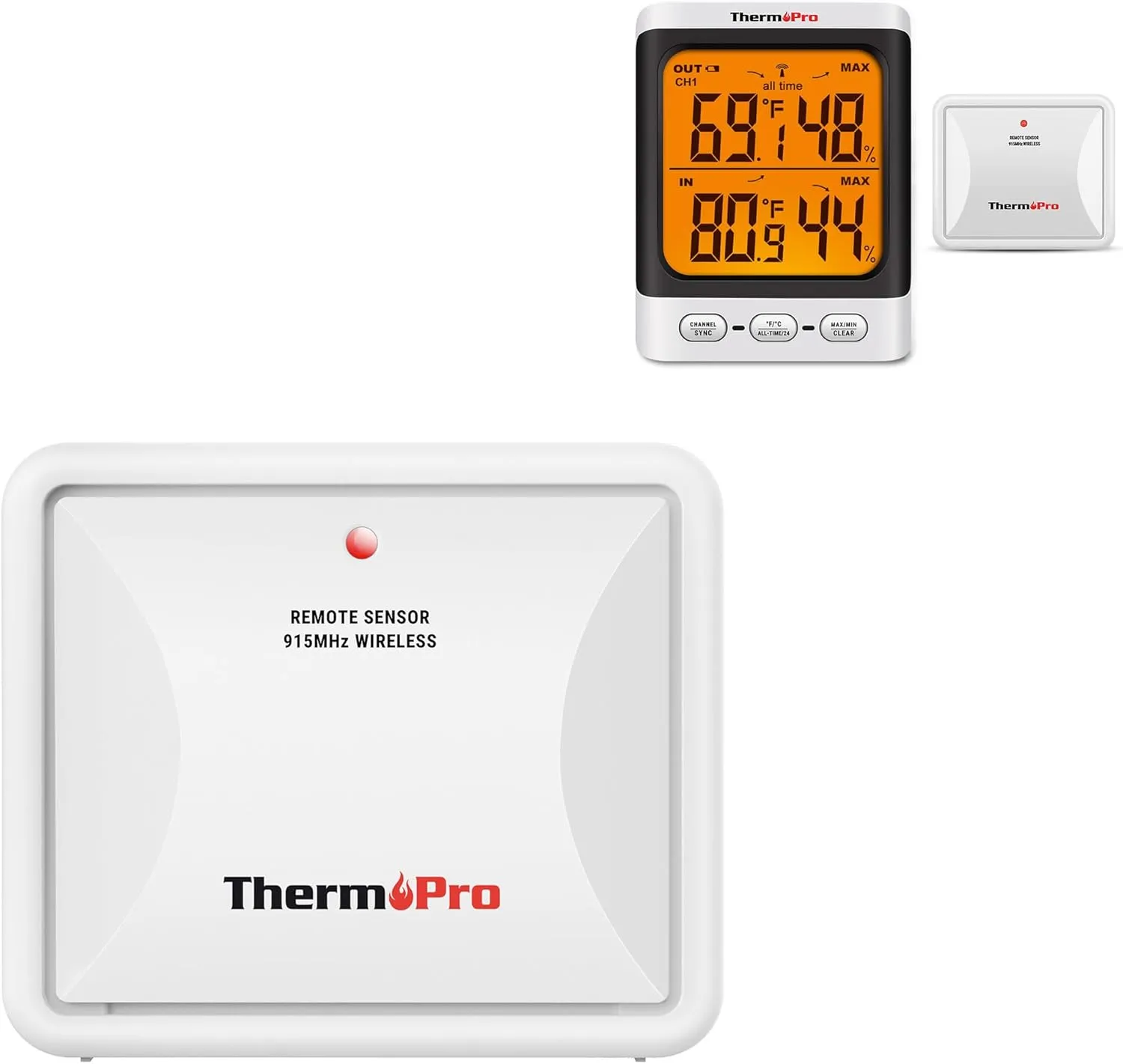 ThermoPro wireless indoor outdoor thermometer and hygrometer with remote temperature sensor displaying humidity and temperature readings