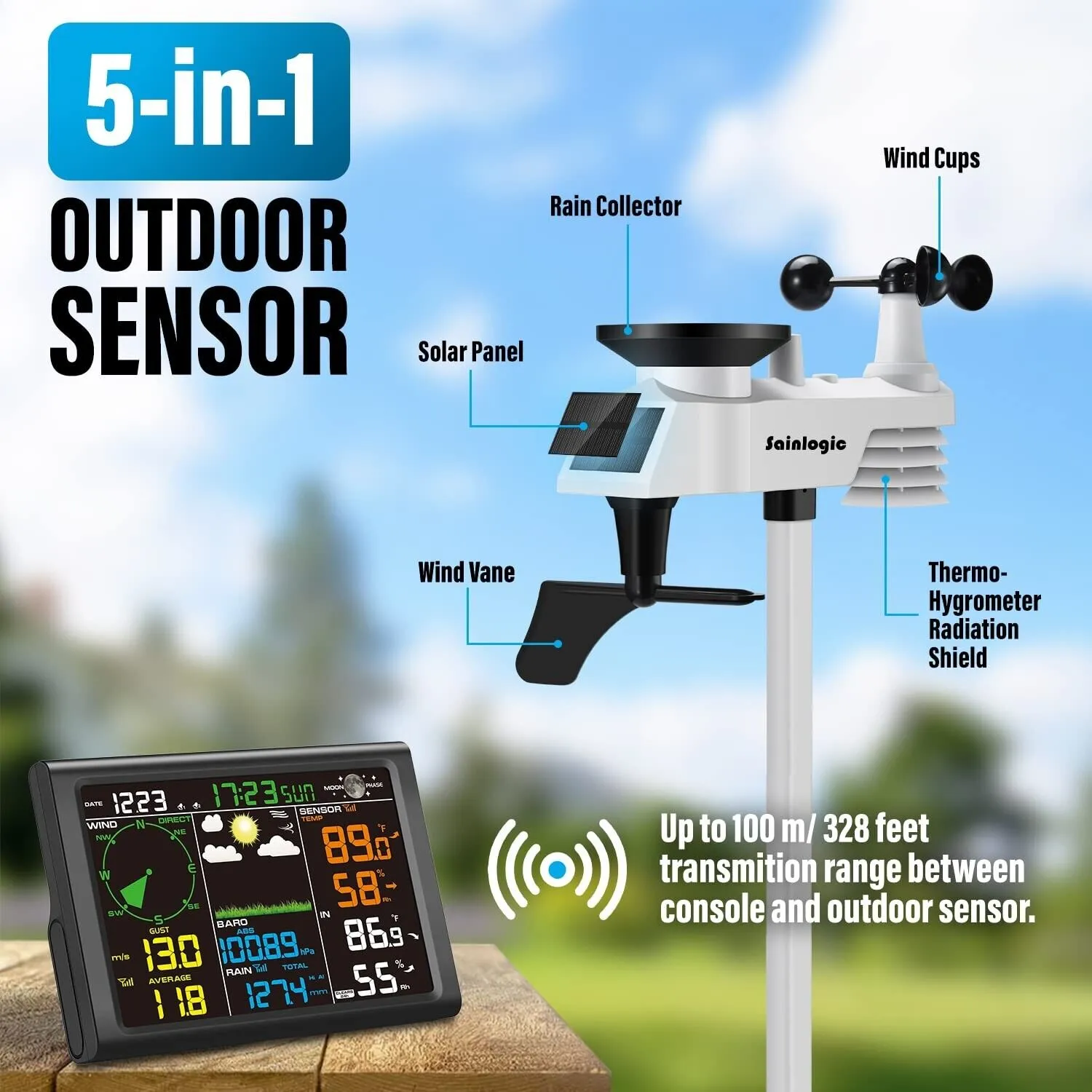 Sainlogic Wireless Weather Station with LCD display and 7-in-1 outdoor sensor.