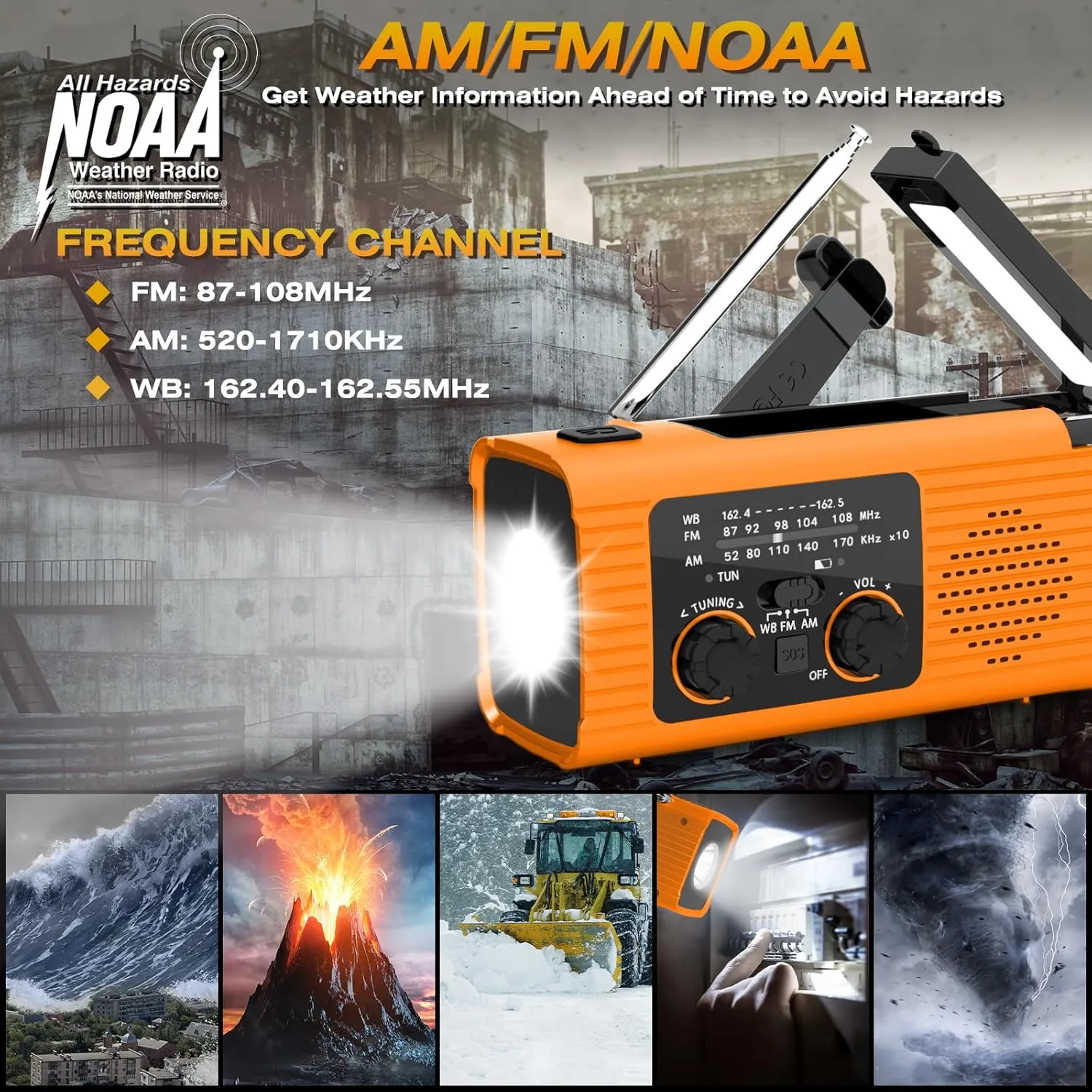 NITIGO Emergency Weather Radio with LED flashlight, reading lamp, USB/solar/hand crank charging, and NOAA alerts for emergency preparedness.