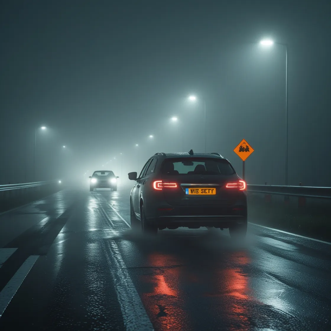 Car driving in dense fog at night with low-beam headlights, road reflectors, and a warning sign barely visible through the mist