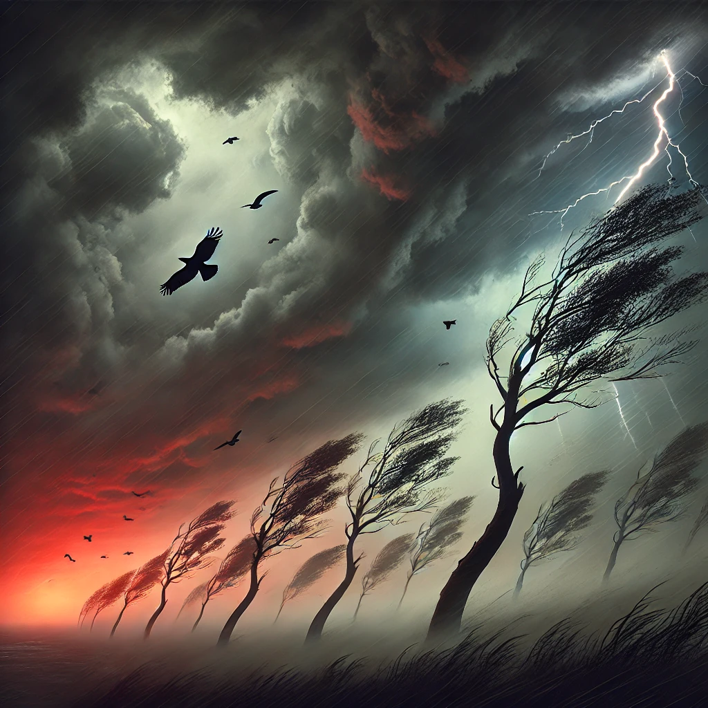 Storm approaching with dark clouds, strong winds, and birds flying low—early signs of severe weather