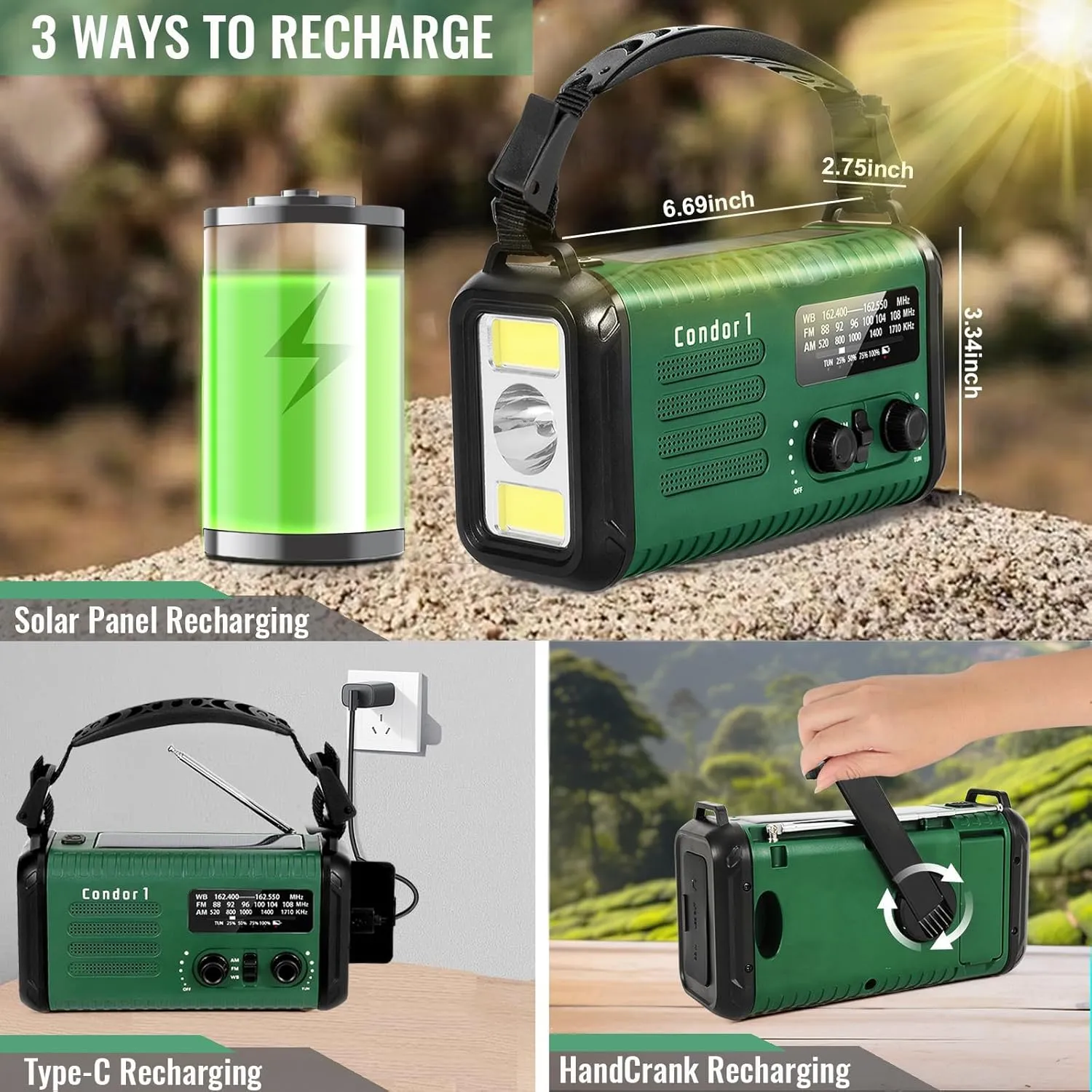 A diagram highlighting the features of the 20000mAh emergency radio, including the flashlight and survival handle.