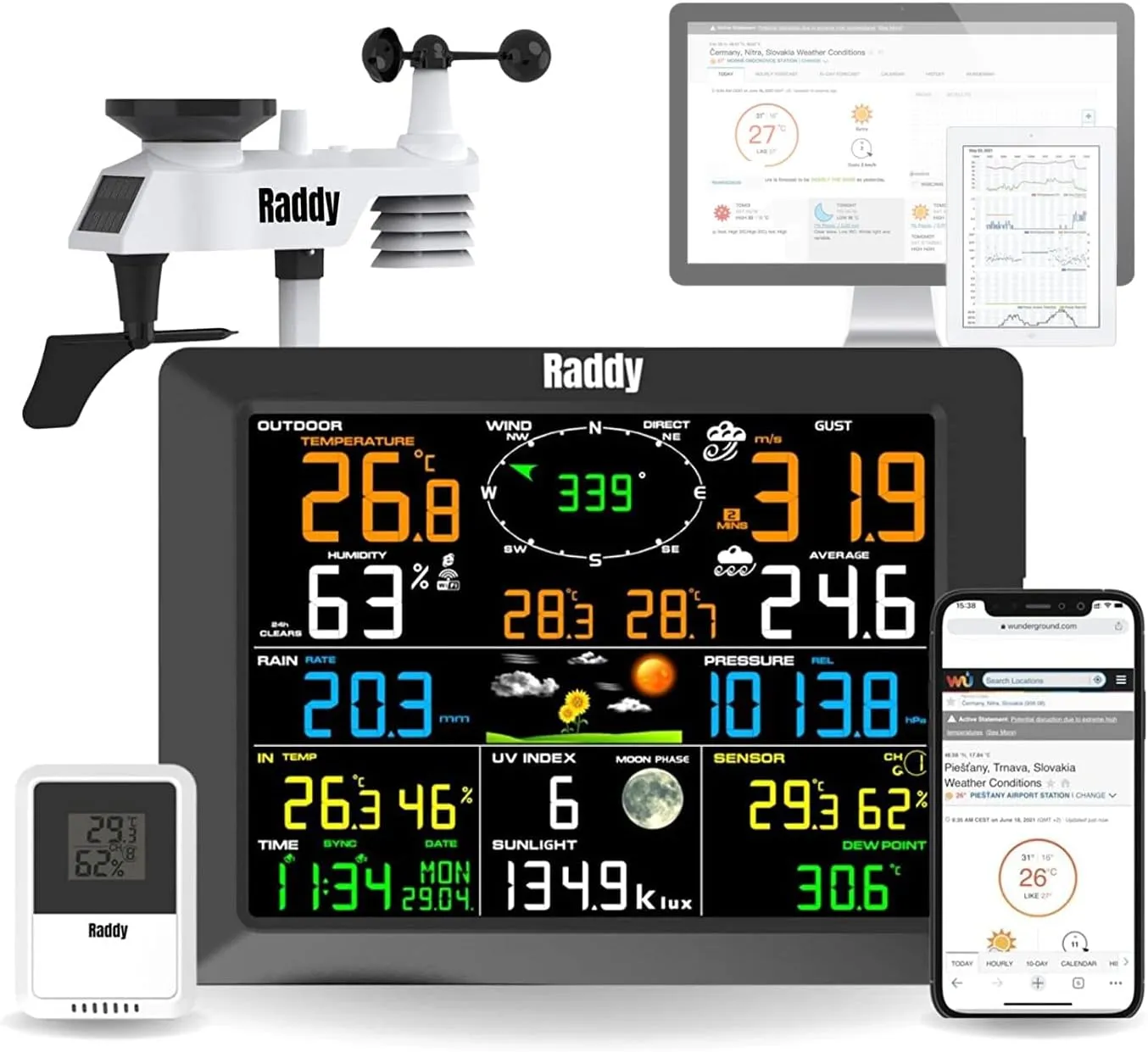 The Raddy WF-100C Weather Station, showing the 7-in-1 outdoor sensor, the separate remote sensor, and the large 8-inch display.