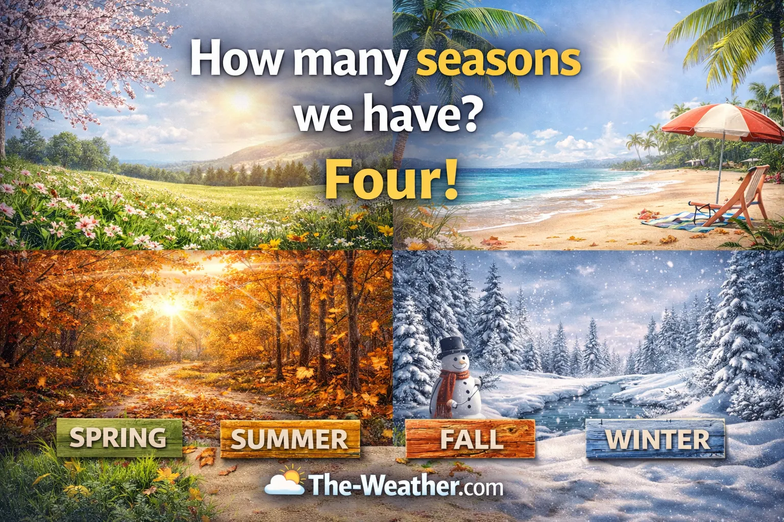 Collage showing winter snow, summer sun, autumn leaves, and spring flowers
