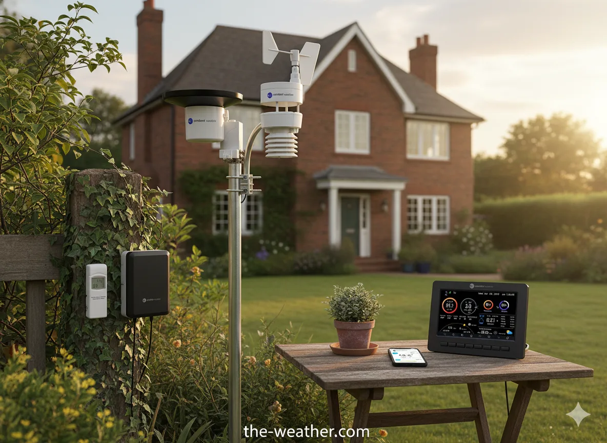 The Ambient Weather WS-5000 sensor array mounted in a garden setting, showing the separate sensor pole and rain gauge placement.
