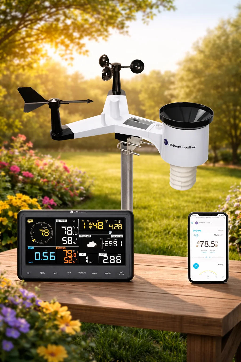Ambient WS-2902C weather station installed in a backyard with wind vane, anemometer and rain gauge, showing live weather data on console and smartphone app