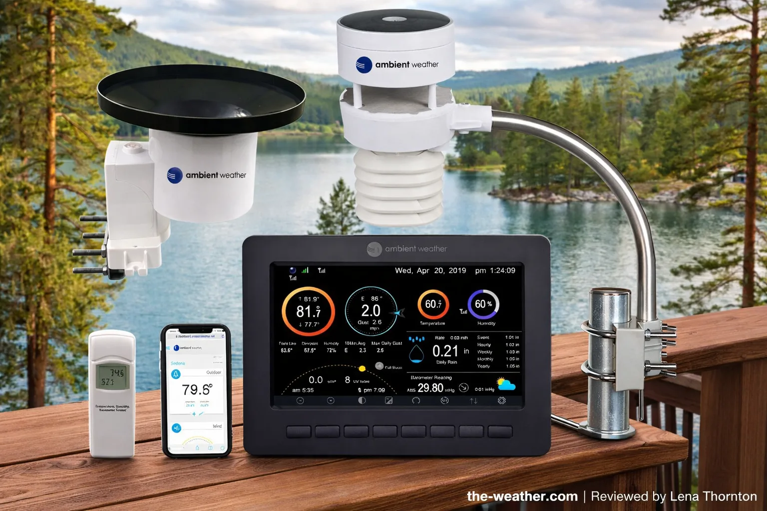 Ambient WS-5000 weather station installed on a wooden deck overlooking a lake with rain gauge, temperature sensor and console displaying live weather data