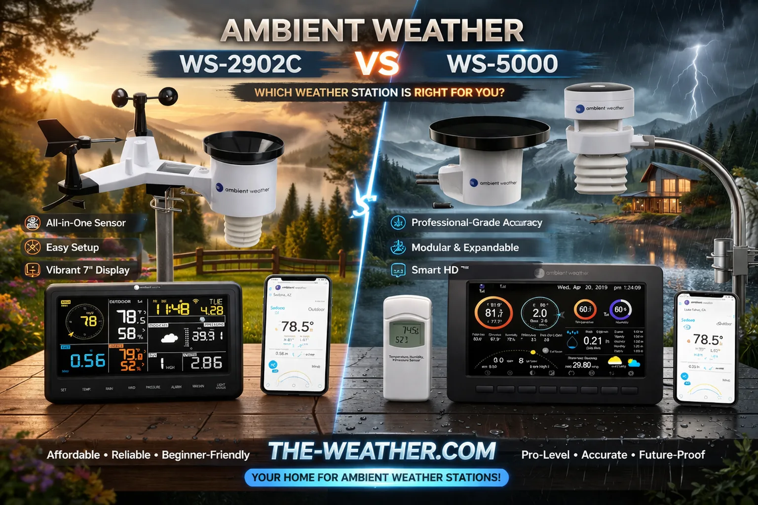 Side-by-side comparison of Ambient Weather WS-2902C and WS-5000 weather stations showing sensors, display consoles, and mobile app interface in outdoor settings