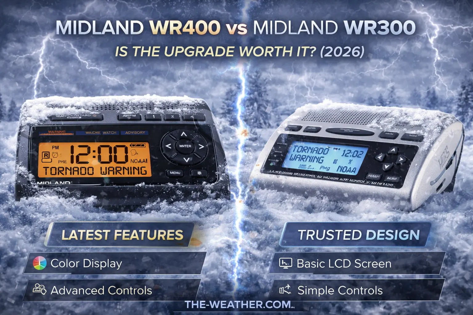 Side-by-side comparison of Midland WR400 and WR300 weather radios in a snowy storm setting showing display screens, controls, and alert interface