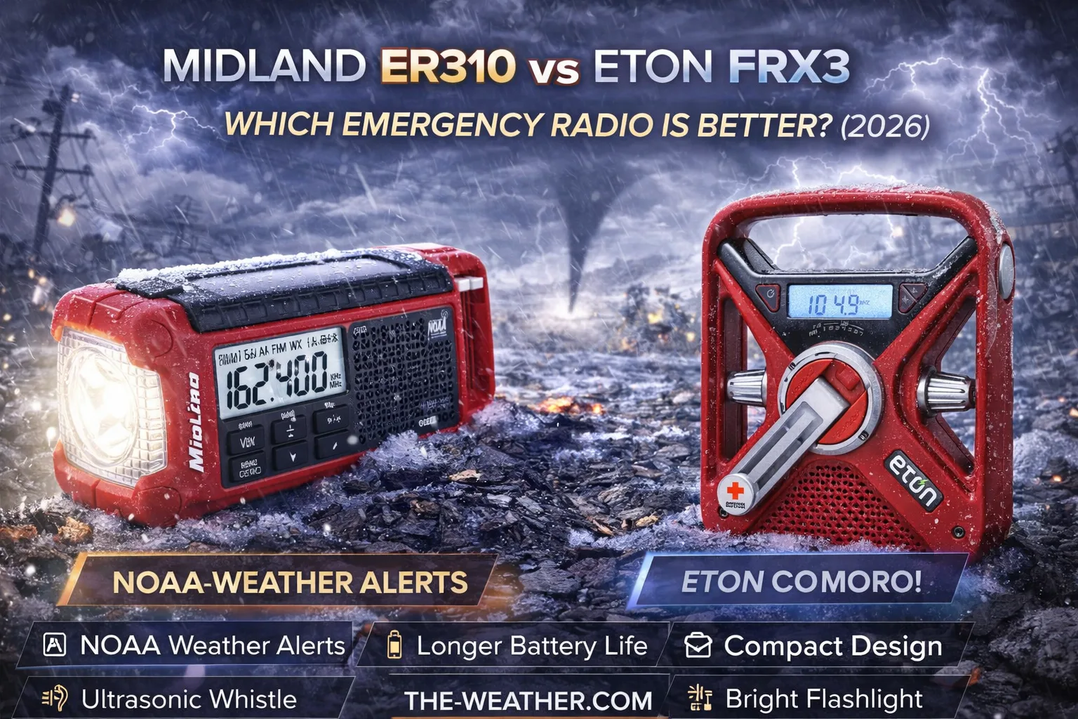 Midland ER310 and Eton FRX3 emergency radios shown side by side in a storm setting with visible controls and alert features