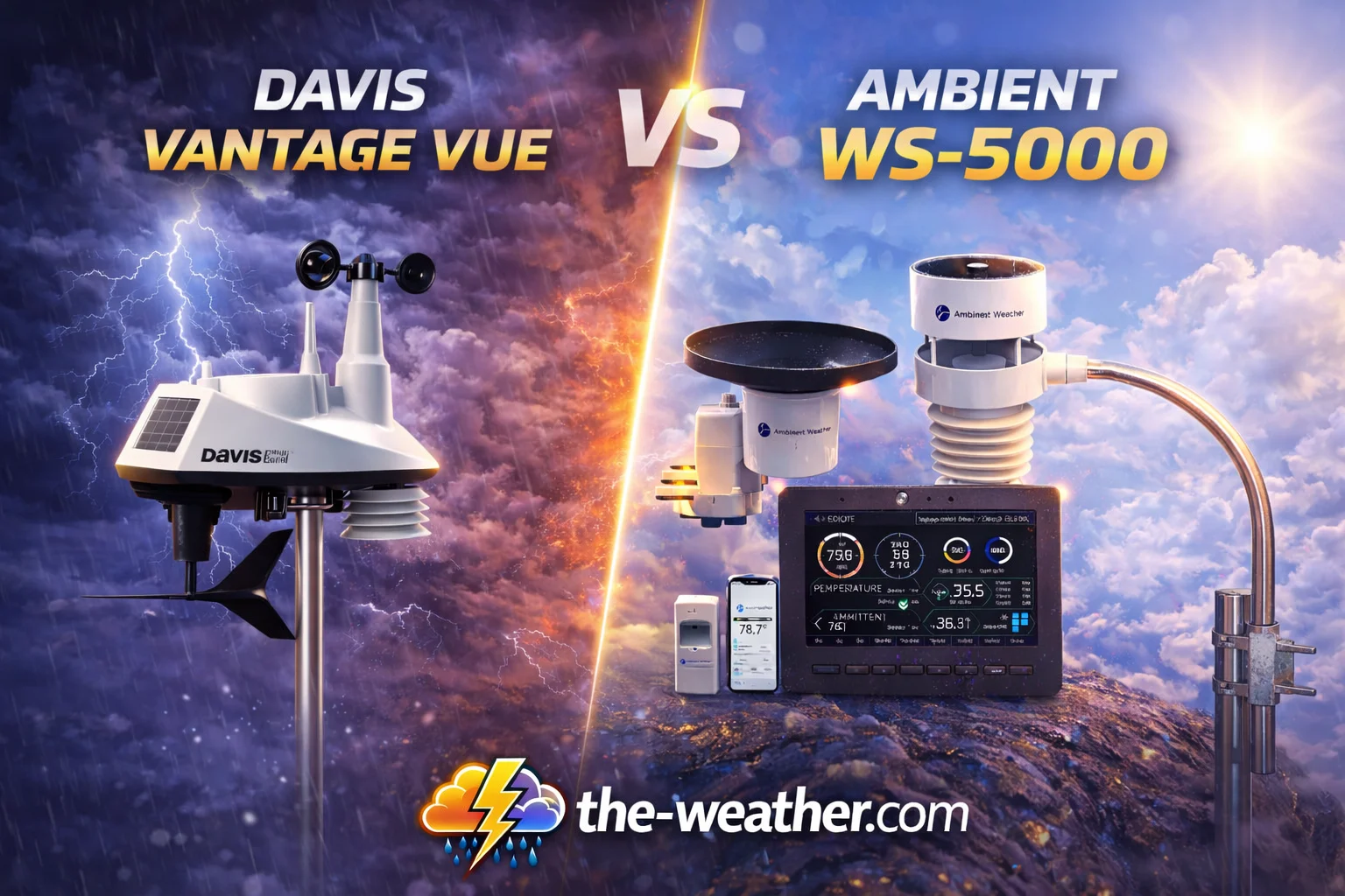 Davis Vantage Vue vs Ambient WS-5000 weather station comparison showing design sensors and real outdoor performance