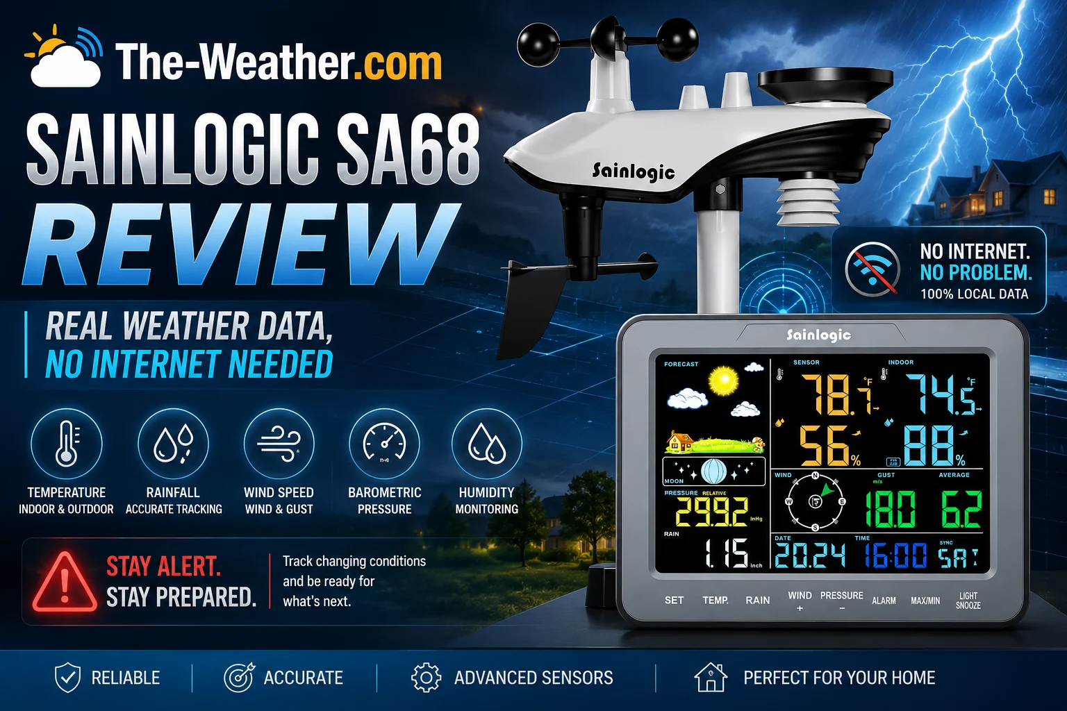 Sainlogic SA68 weather station review showing colour display console with outdoor temperature humidity rainfall and barometric pressure data