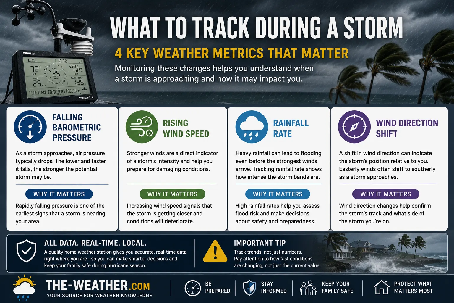 Infographic showing the four key weather metrics to track during hurricane season including barometric pressure wind speed and rainfall rate