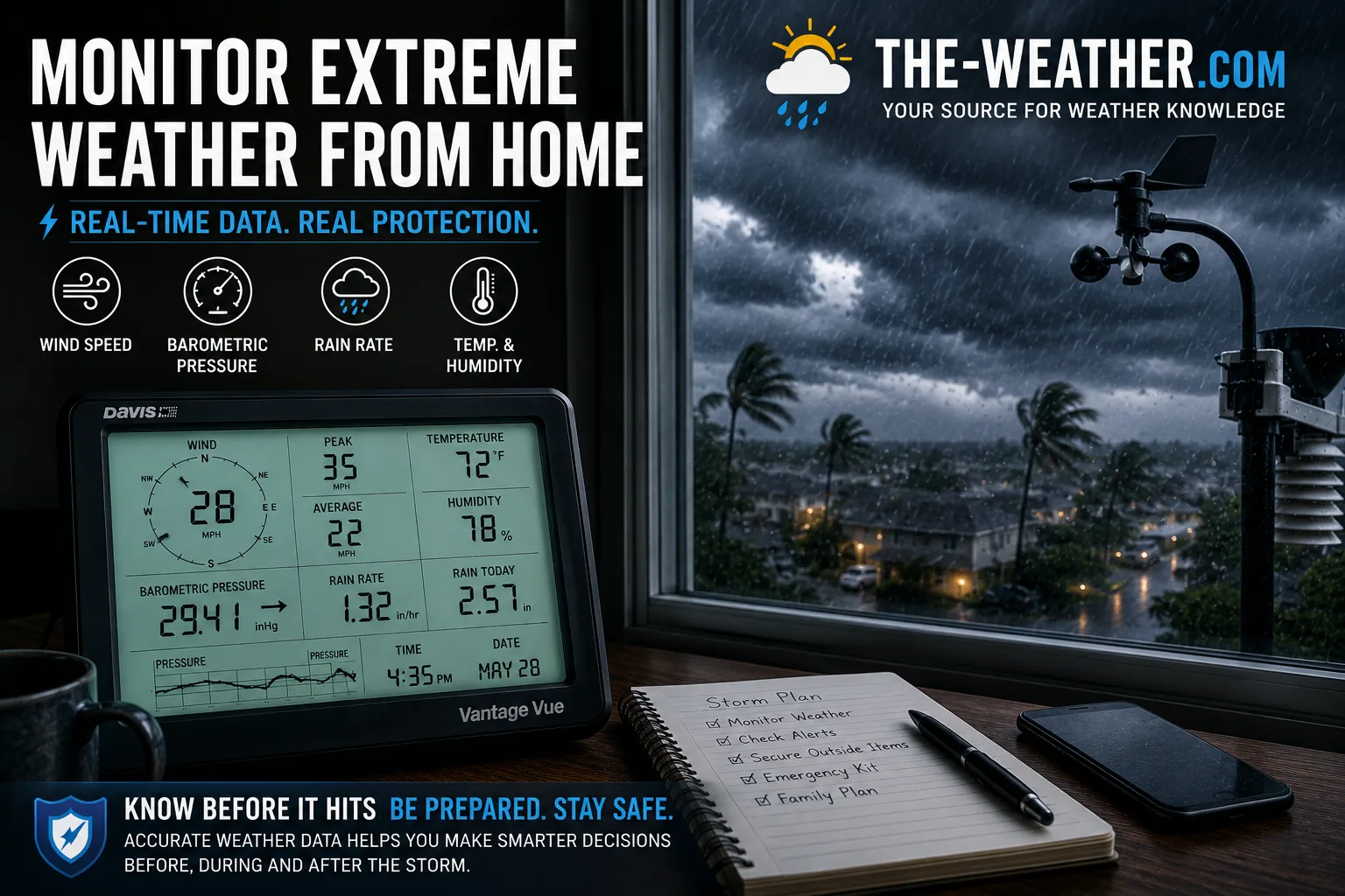 Home weather station console displaying live wind speed, barometric pressure and rainfall data while a severe storm approaches outside the window