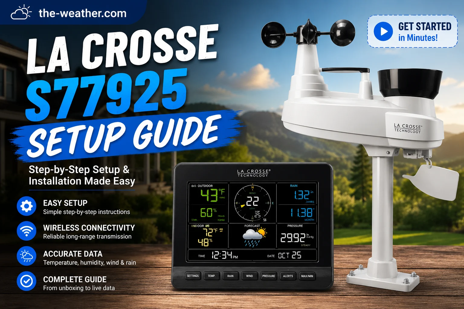 La Crosse S77925 weather station setup guide showing the outdoor sensor and indoor display during installation