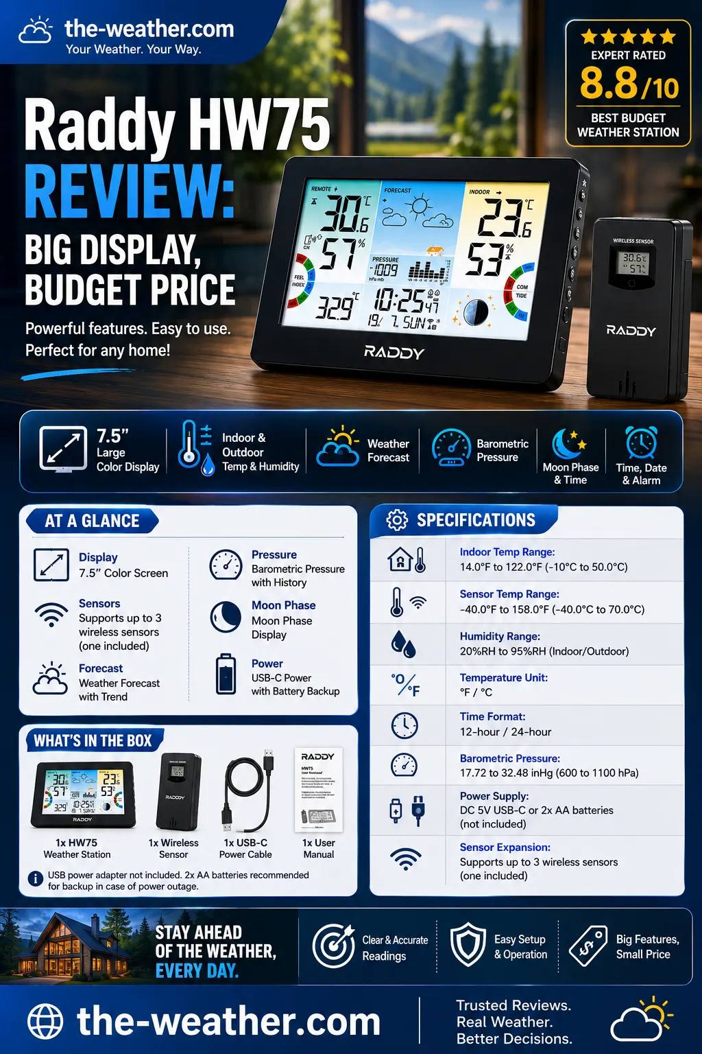 Raddy HW75 weather station display layout showing all data zones including temperature humidity pressure moon phase and tide