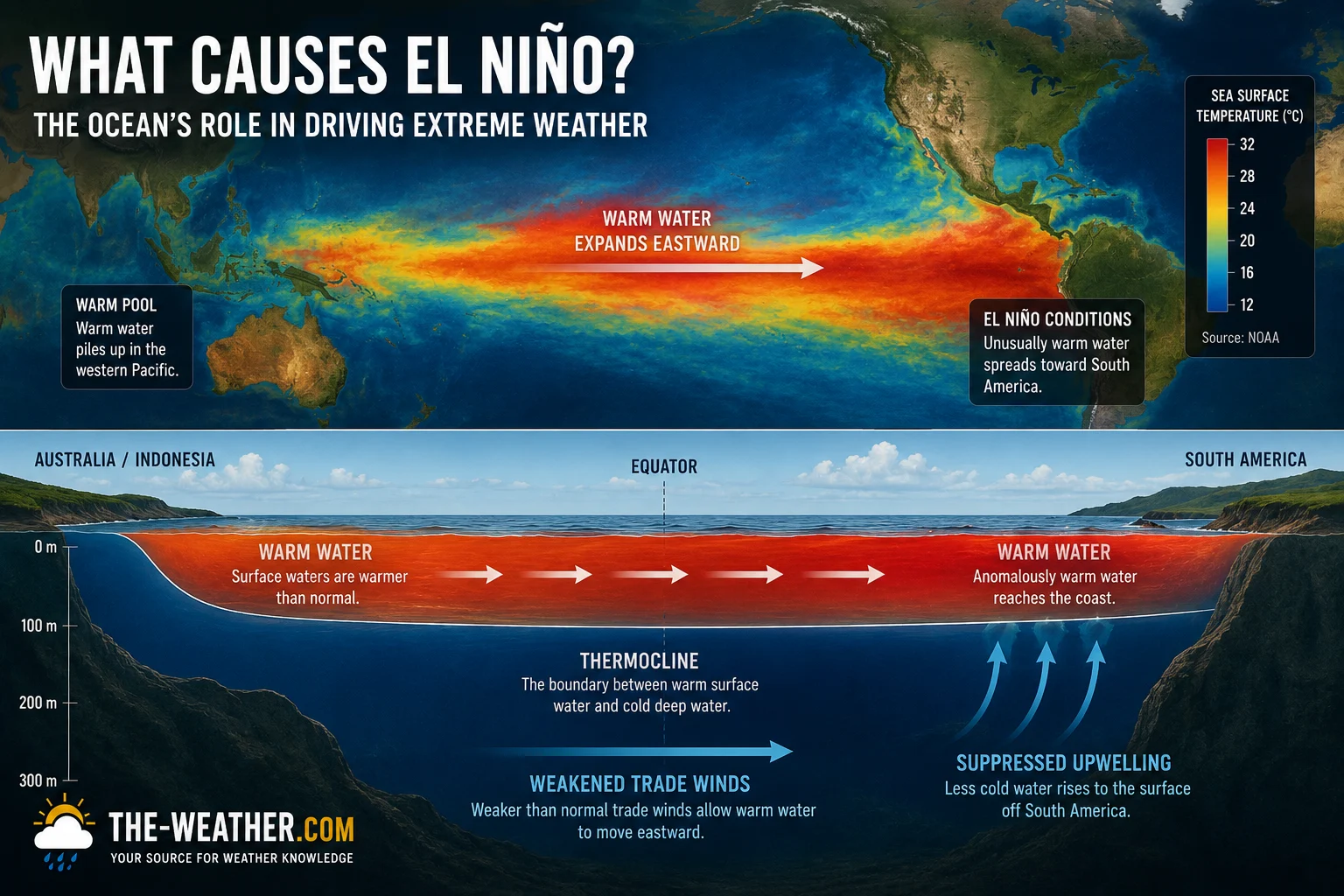 What causes El Niño diagram showing warm Pacific Ocean sea surface temperature anomalies and trade wind weakening