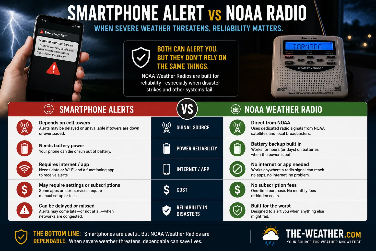 Infographic comparing smartphone weather alerts versus NOAA weather radio reliability during power outages and cell tower failures