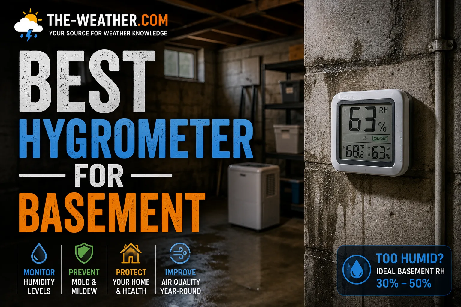 Best hygrometer for basement monitoring showing humidity sensor mounted on concrete wall with high humidity reading