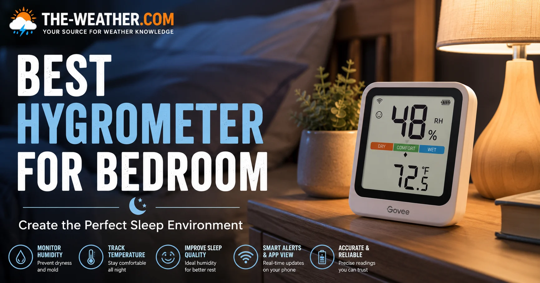 Best hygrometer for bedroom on bedside table showing humidity and temperature reading