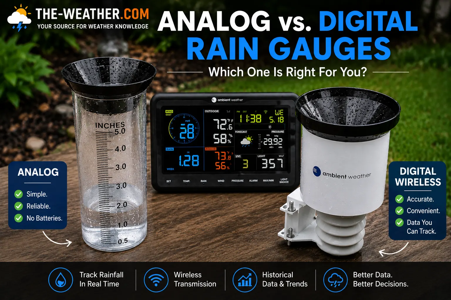 Best rain gauges comparison showing analog and digital wireless options for home and garden use