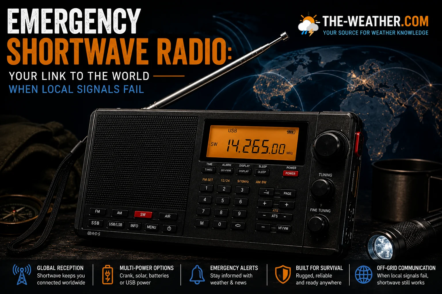 Portable emergency shortwave radio with extended antenna for off-grid communication