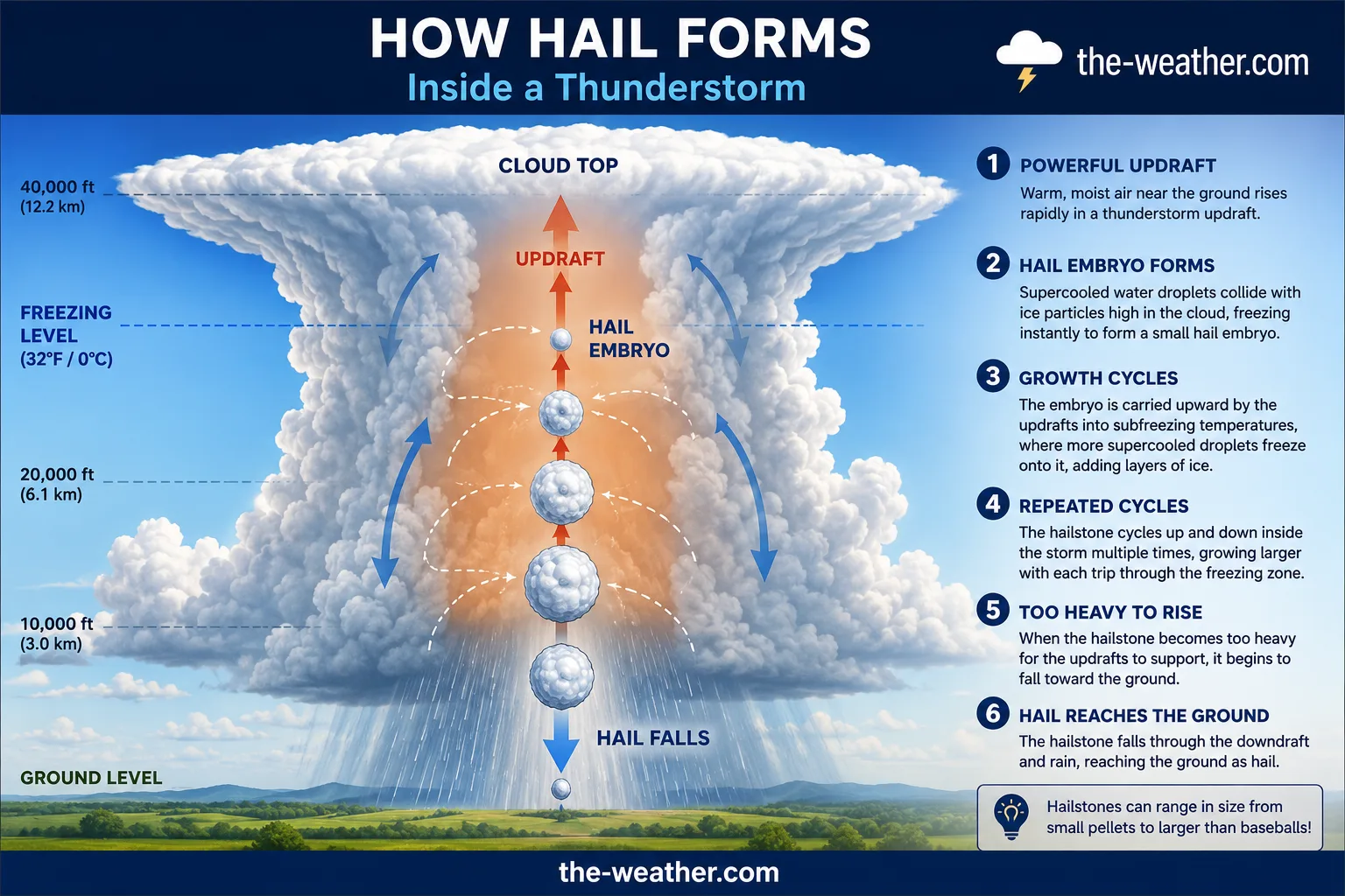 Cross-section diagram of a thunderstorm showing updraft zones, hail growth layers, and fall path to the ground