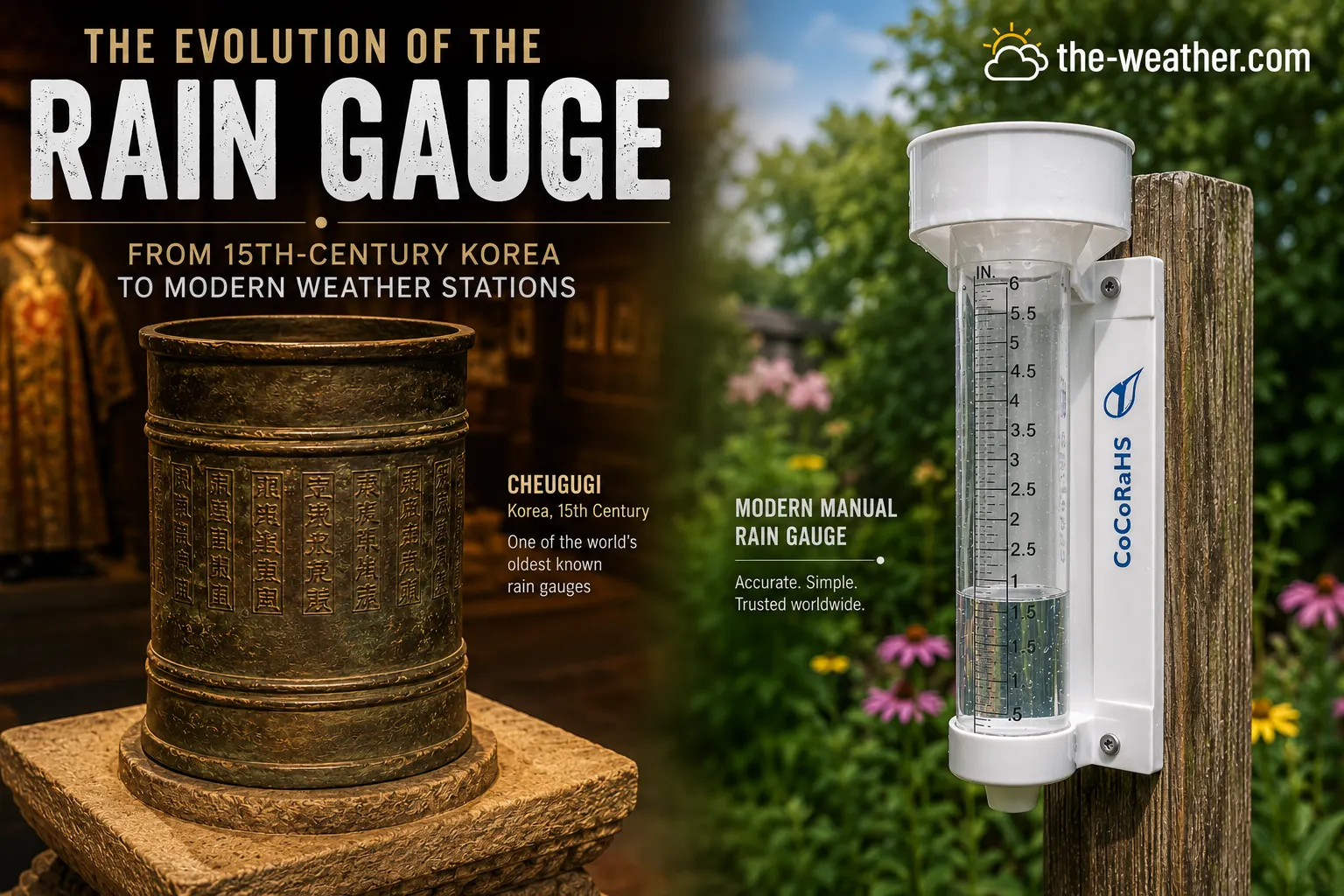 The evolution of rain gauge technology from the 15th-century Korean Cheugugi to modern manual precipitation gauges