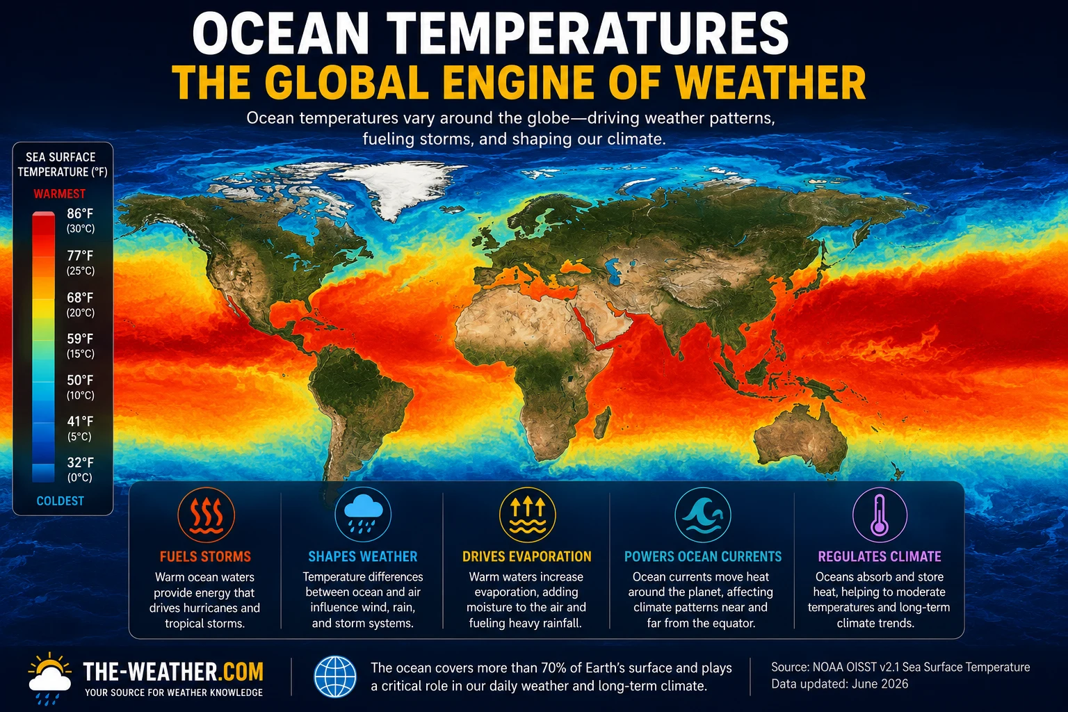 Global sea surface temperature map showing warm tropical oceans, cooler polar waters, and the ocean temperature patterns that influence weather and climate worldwide.