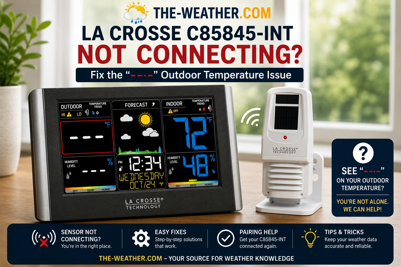 La Crosse C85845-INT weather station showing dashes on the outdoor temperature display while the wireless outdoor sensor is visible nearby, illustrating a sensor connection problem.