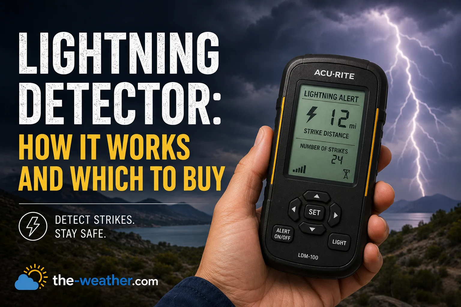 handheld lightning detector device showing strike distance alert display