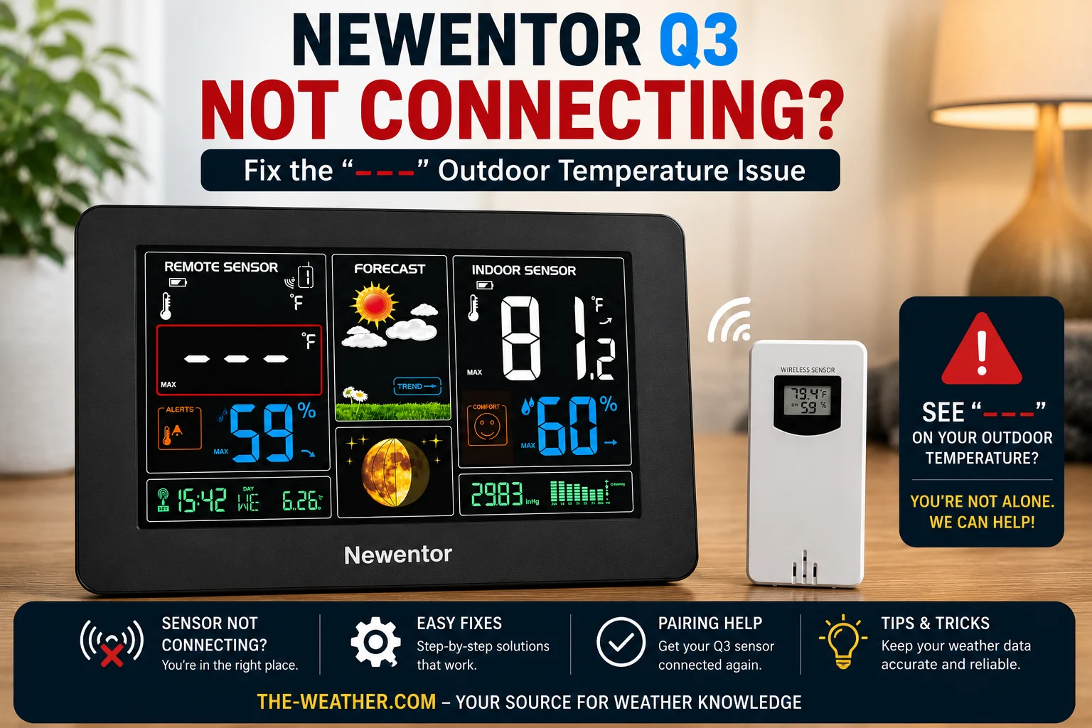 Newentor Q3 weather station showing dashes on the outdoor temperature display while the wireless outdoor sensor is nearby, illustrating a connection or pairing problem.