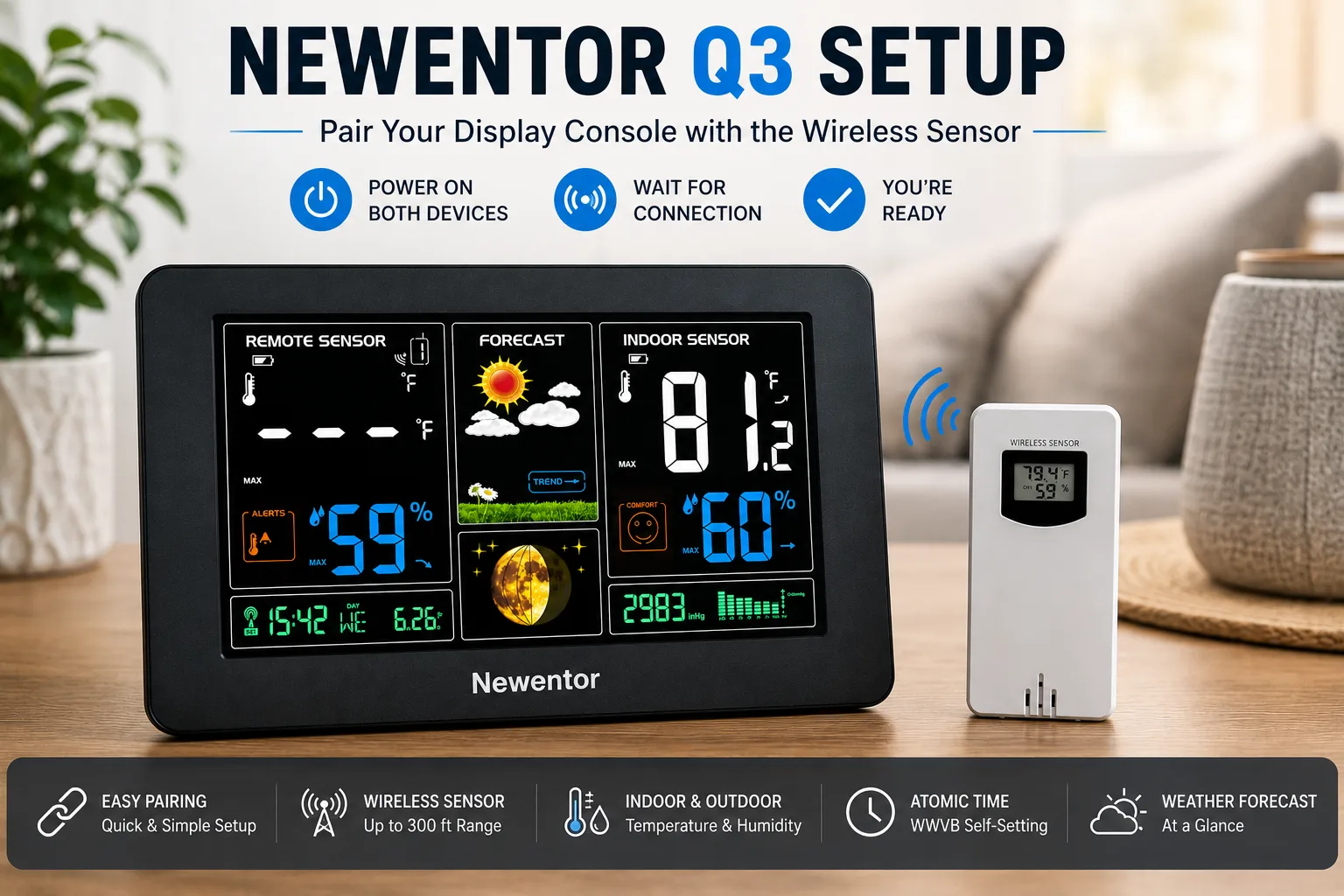 Newentor Q3 weather station setup showing the color display console next to the wireless outdoor sensor during the initial pairing process.