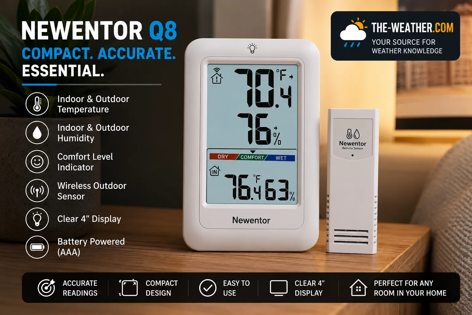 Newentor Q8 digital thermometer and hygrometer with a bright 4-inch display showing indoor and outdoor temperature, humidity, and the Dry, Comfort, and Wet indicator alongside the wireless outdoor sensor.