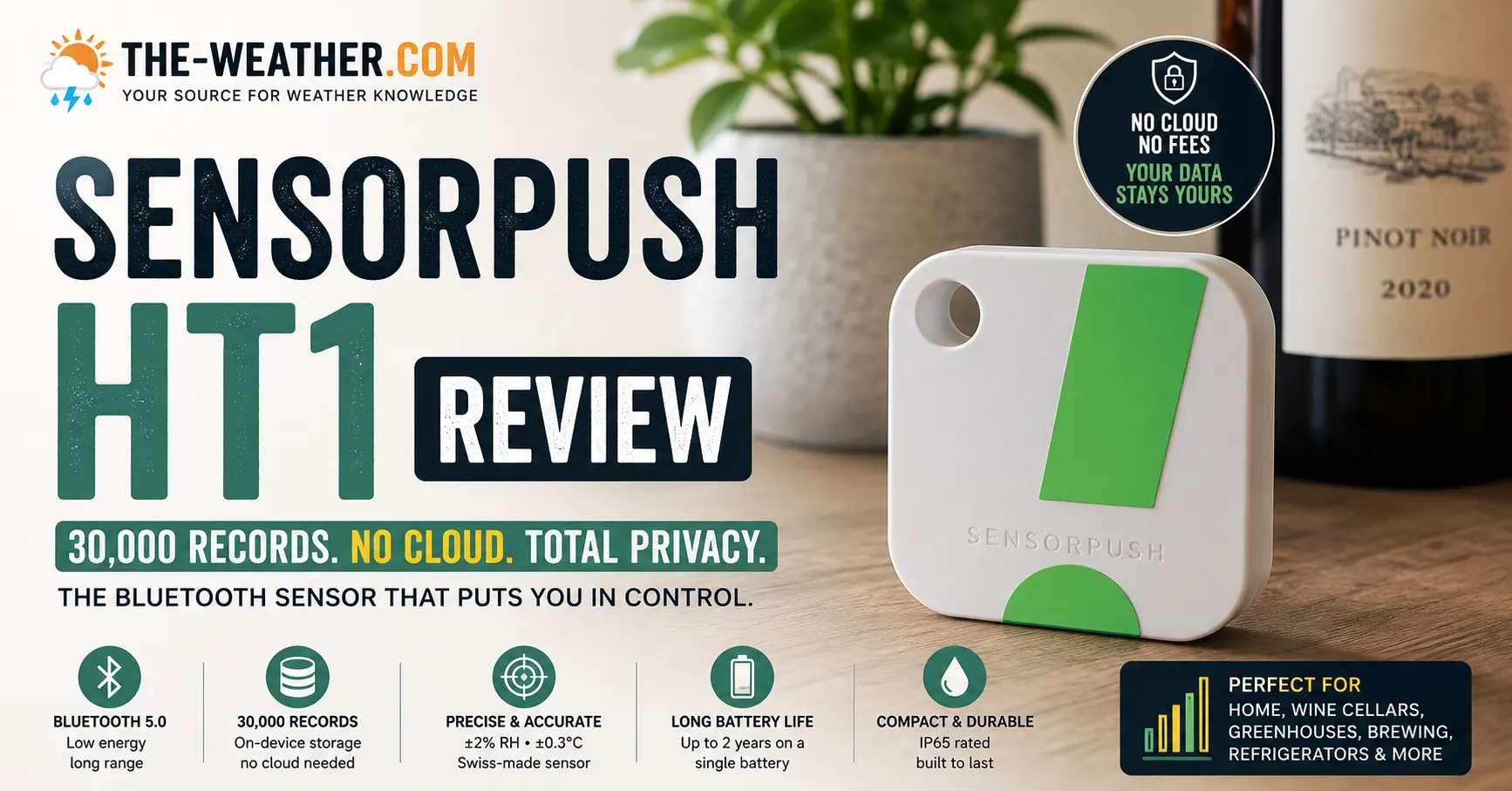 SensorPush HT1 Bluetooth temperature and humidity sensor on a wooden desk beside a houseplant, highlighting compact design and accurate indoor climate monitoring.