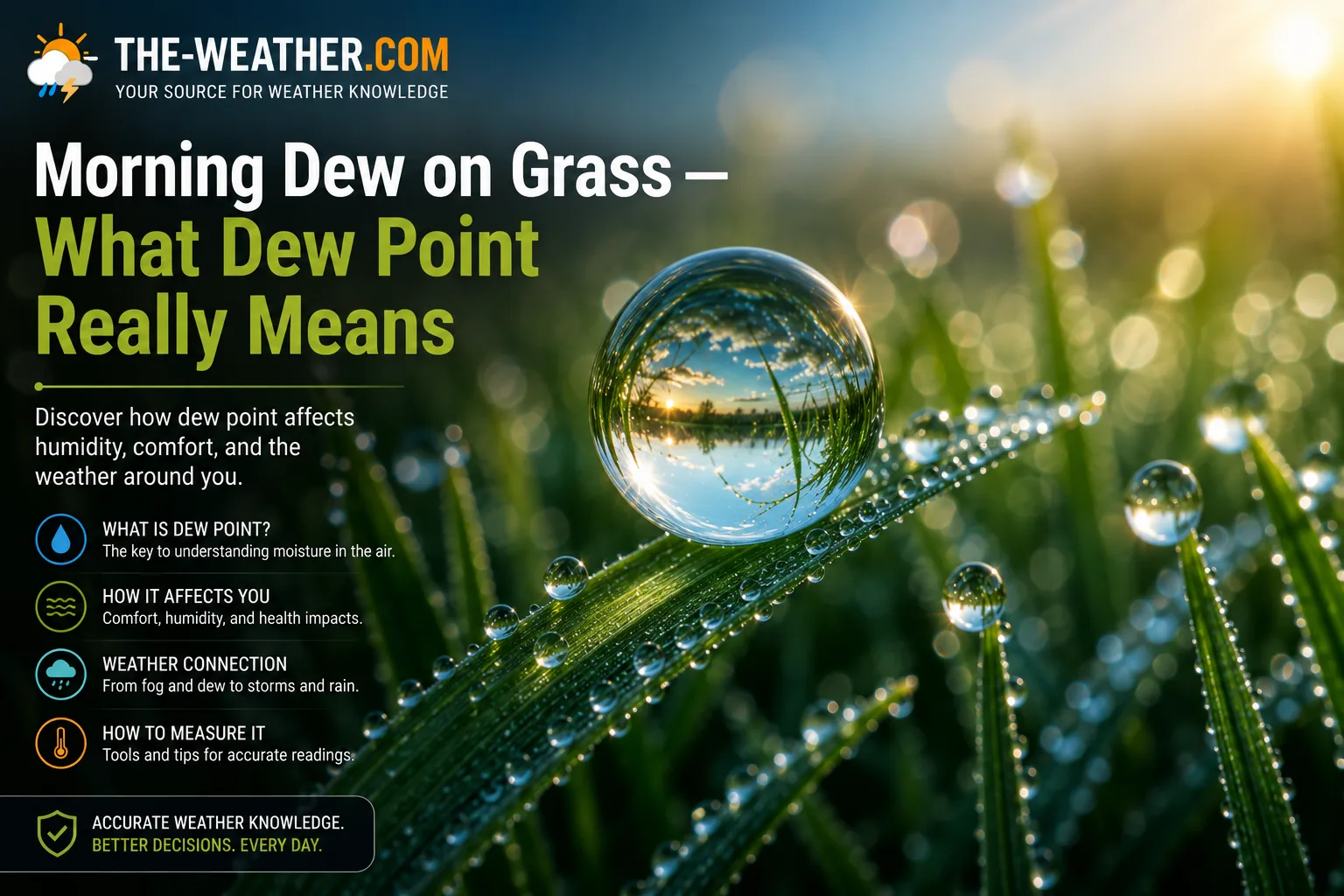Close-up of dew droplets on grass blades at sunrise illustrating dew point temperature