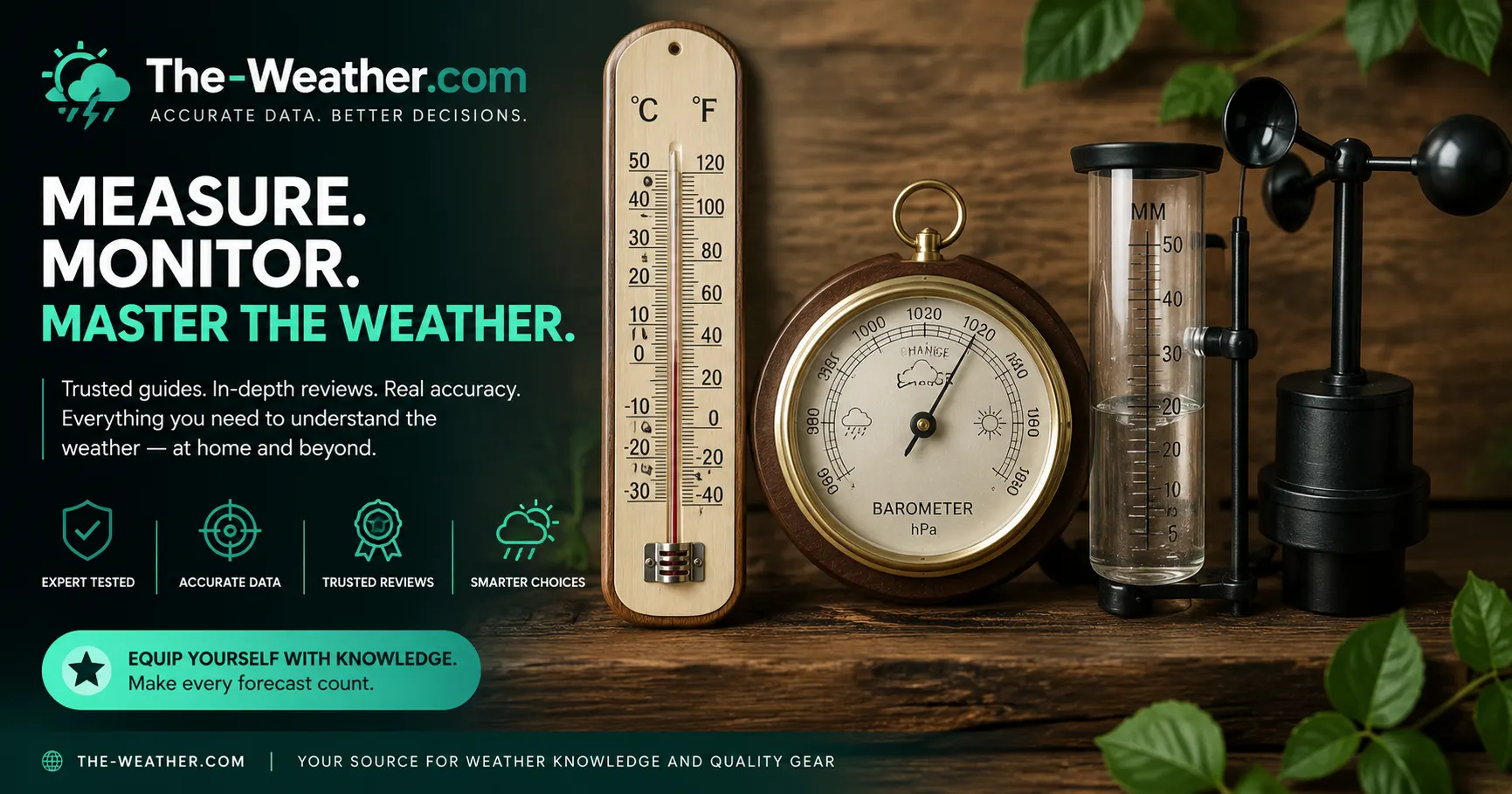Collection of weather instruments including thermometer, barometer, rain gauge and anemometer