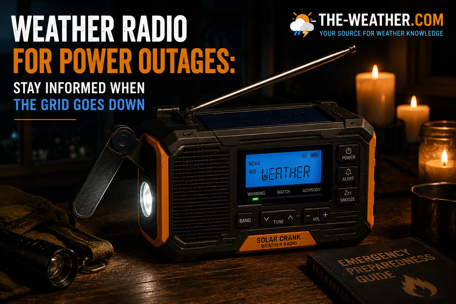 Hand crank weather radio with solar panel and NOAA weather alerts glowing during a power outage with candles in the background.