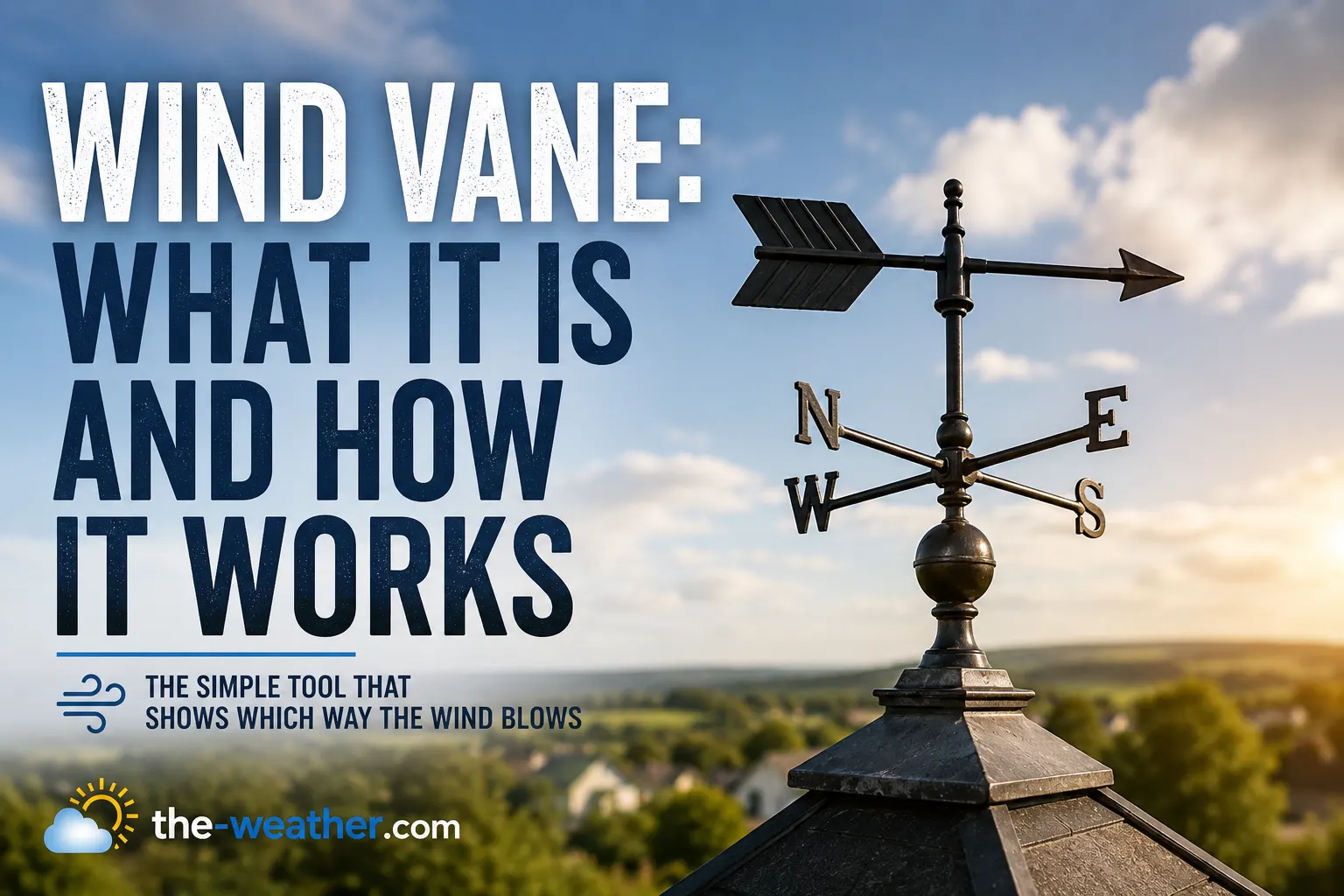 Wind vane mounted on a rooftop showing wind direction with cardinal points under a blue sky