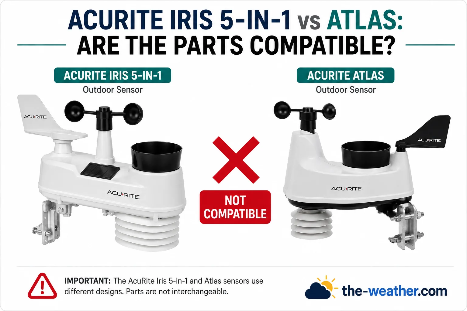 AcuRite Iris 5-in-1 and Atlas sensor units side by side showing they are not parts compatible