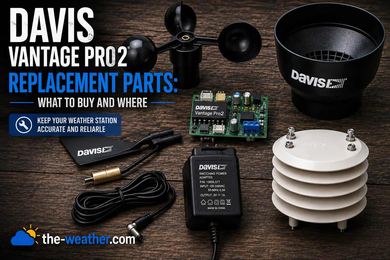 Davis Vantage Pro2 replacement parts including wind cups, sensor board and power adapter arranged on a surface