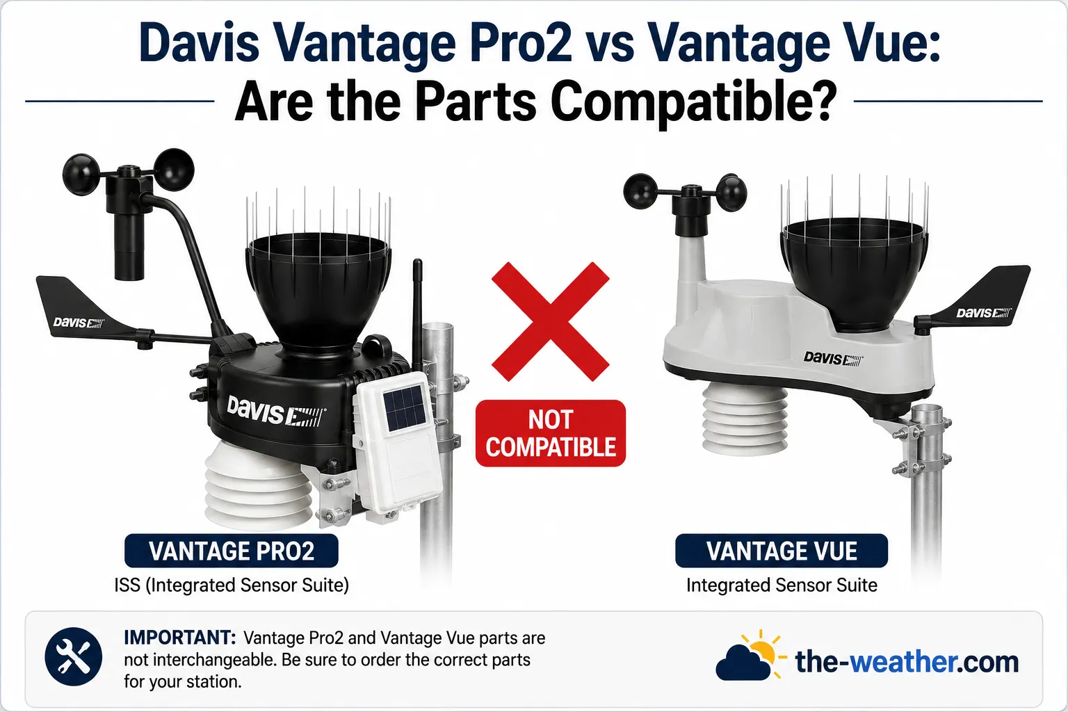 Davis Vantage Pro2 and Vantage Vue sensor units side by side showing they are not compatible for parts