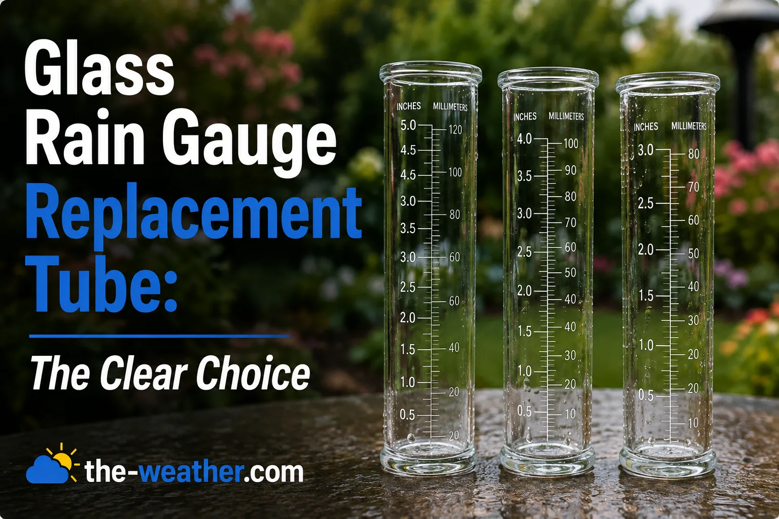Clear glass rain gauge replacement tubes standing upright showing measurement markings