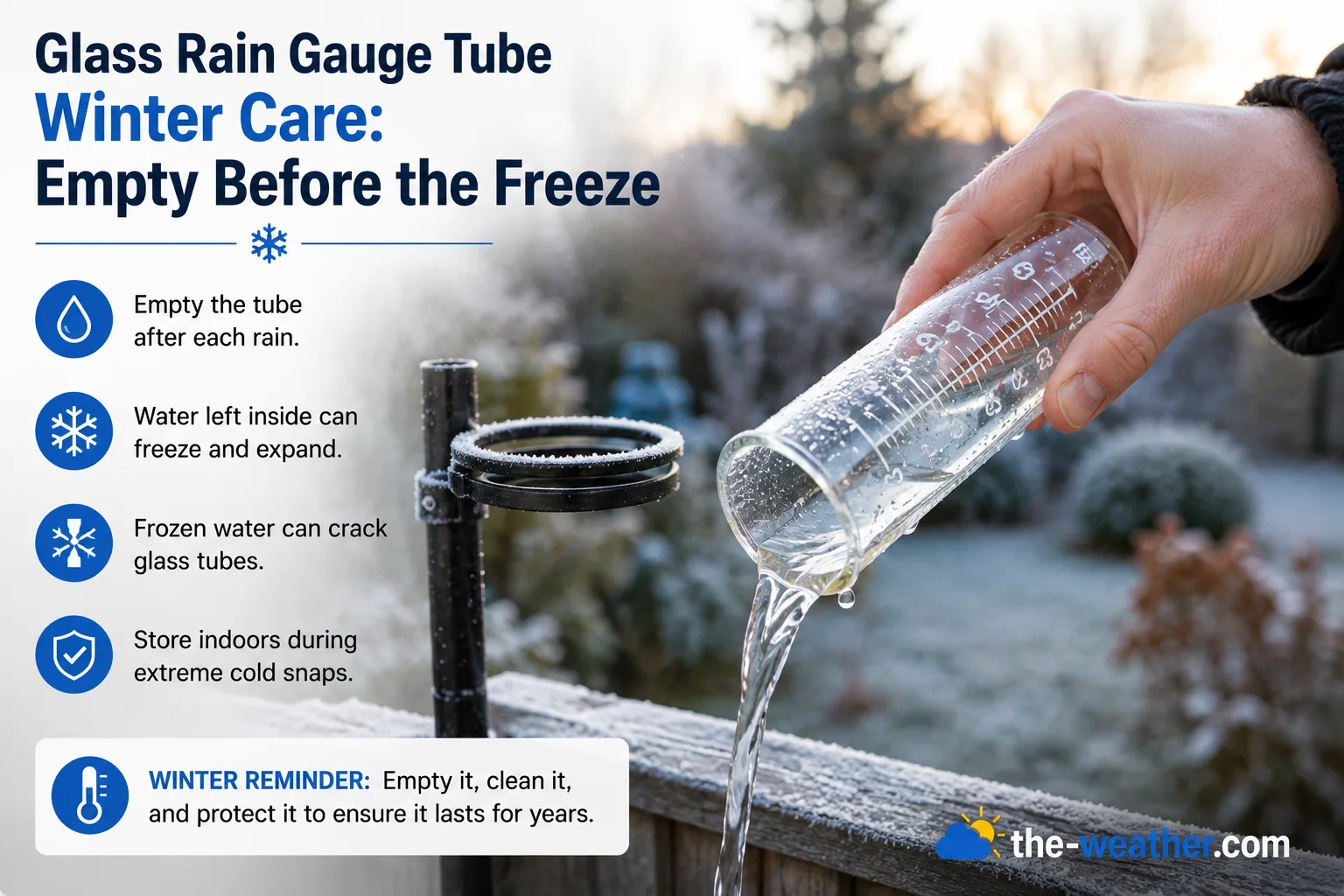 hand emptying a glass rain gauge tube outdoors in cold weather before a freeze to prevent cracking