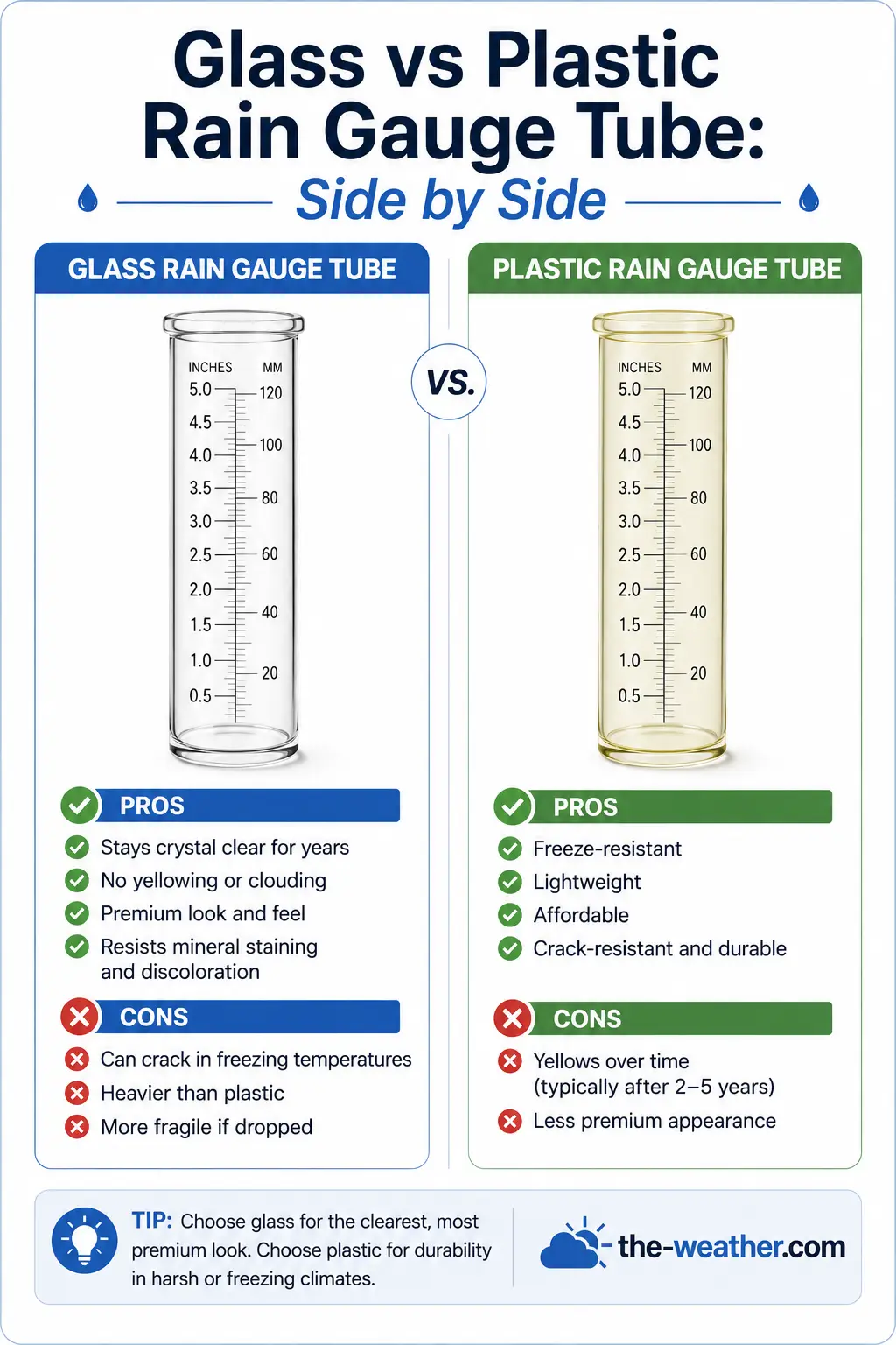 infographic comparing glass and plastic rain gauge replacement tubes with pros and cons for each material