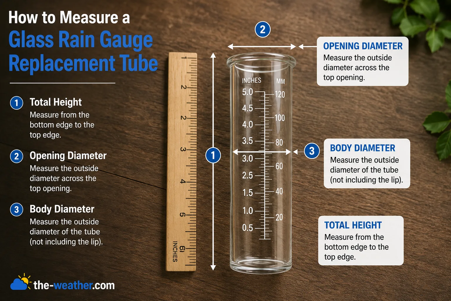 glass rain gauge replacement tube next to a ruler showing how to measure height and diameter for the right fit