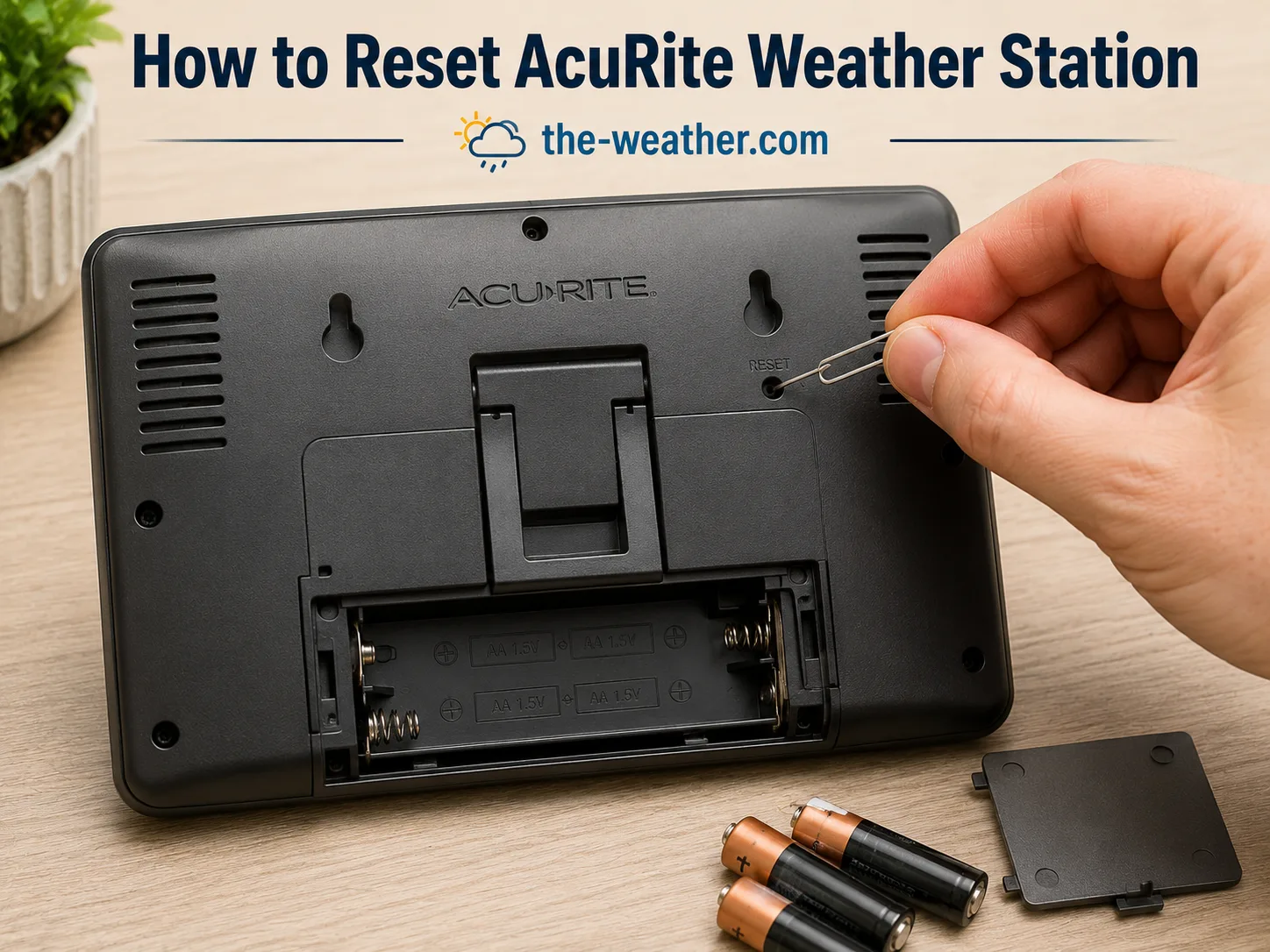 AcuRite weather station console with reset button being pressed on the back panel
