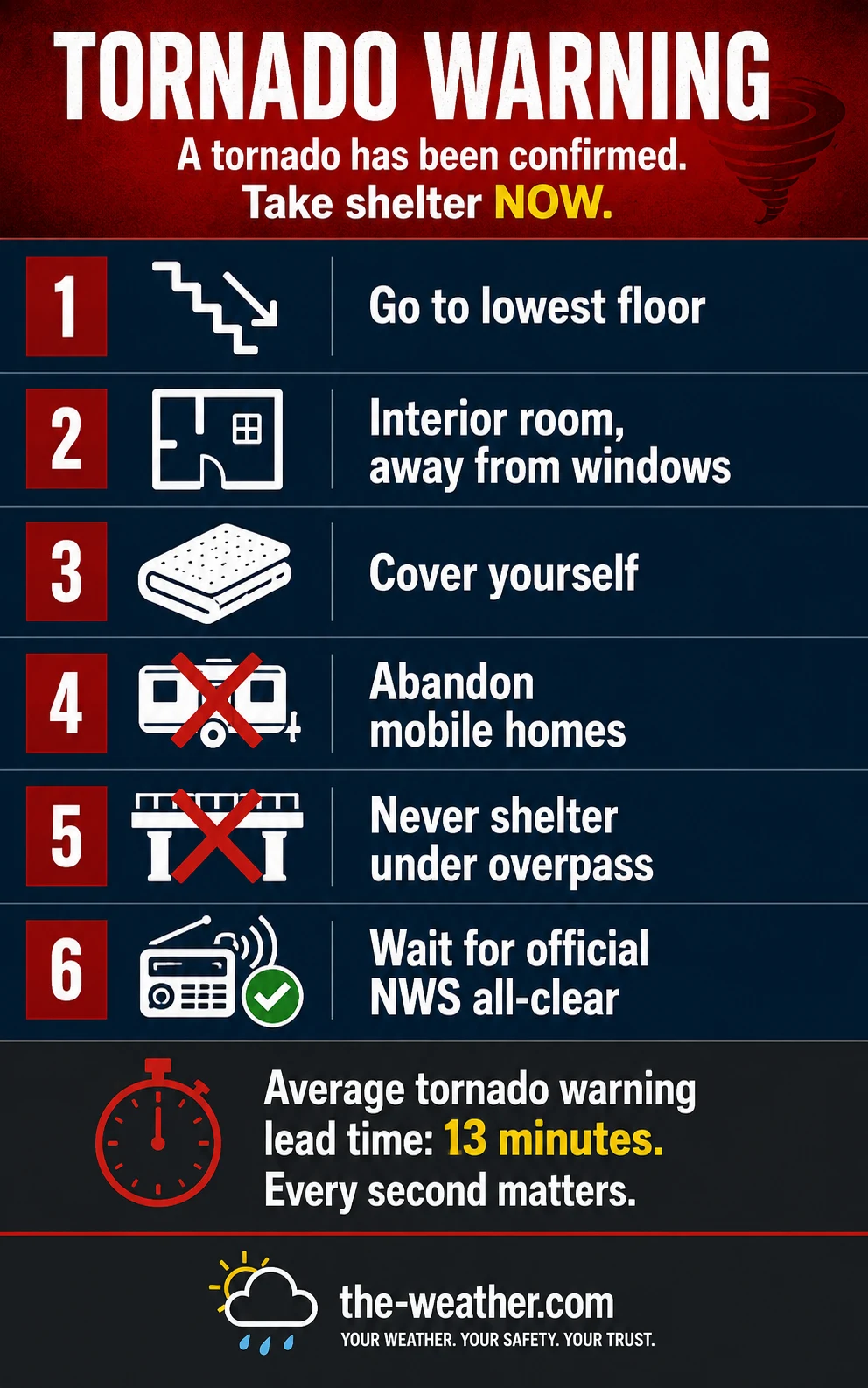 Tornado warning action steps infographic showing where to shelter and what to do immediately