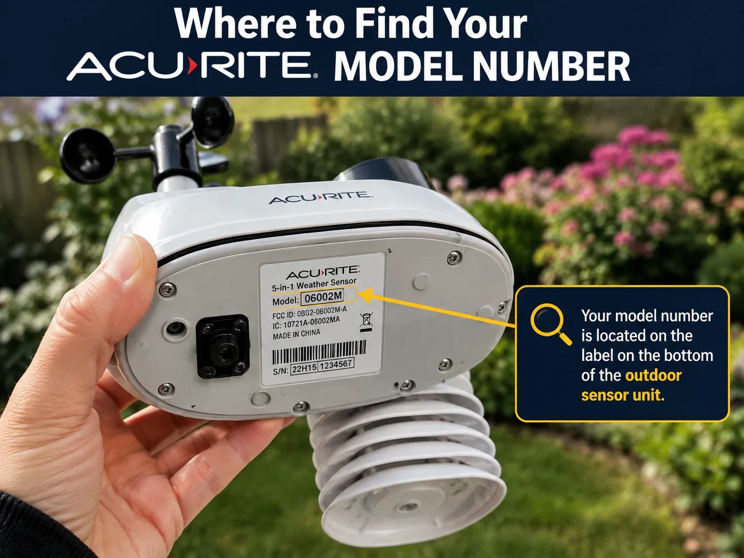 hand showing the model number label on the base of an AcuRite outdoor weather station sensor