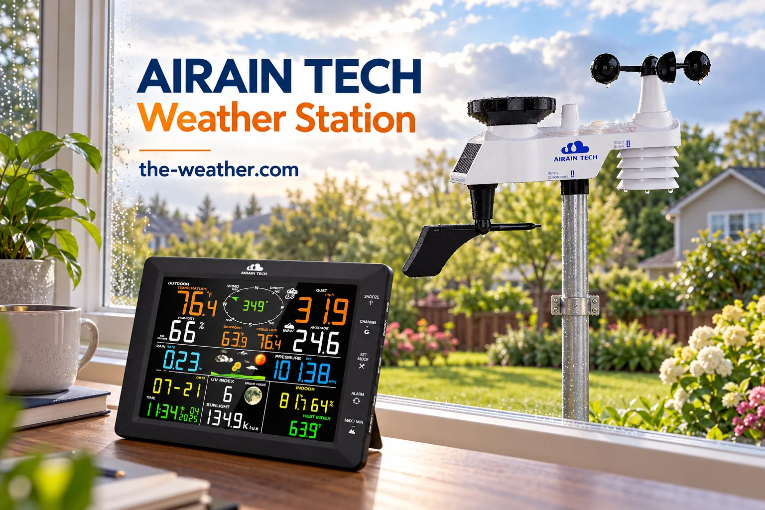 Illustration: AIRAIN TECH color weather station display on a windowsill, with the outdoor wind, rain and temperature sensor on a pole in the garden